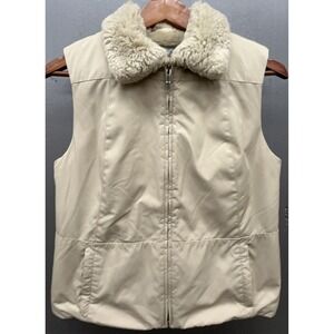 Vtg Ann Taylor Vest M Beige Faux Fur Collar Lined Full Zip Y2K Preppy Outdoor